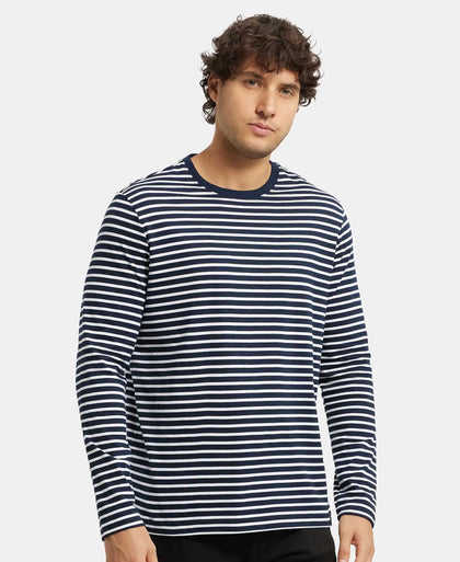 Super Combed Cotton Rich Striped Round Neck Full Sleeve T-Shirt - Navy & White-5