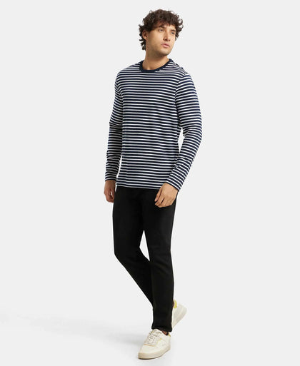 Super Combed Cotton Rich Striped Round Neck Full Sleeve T-Shirt - Navy & White-6