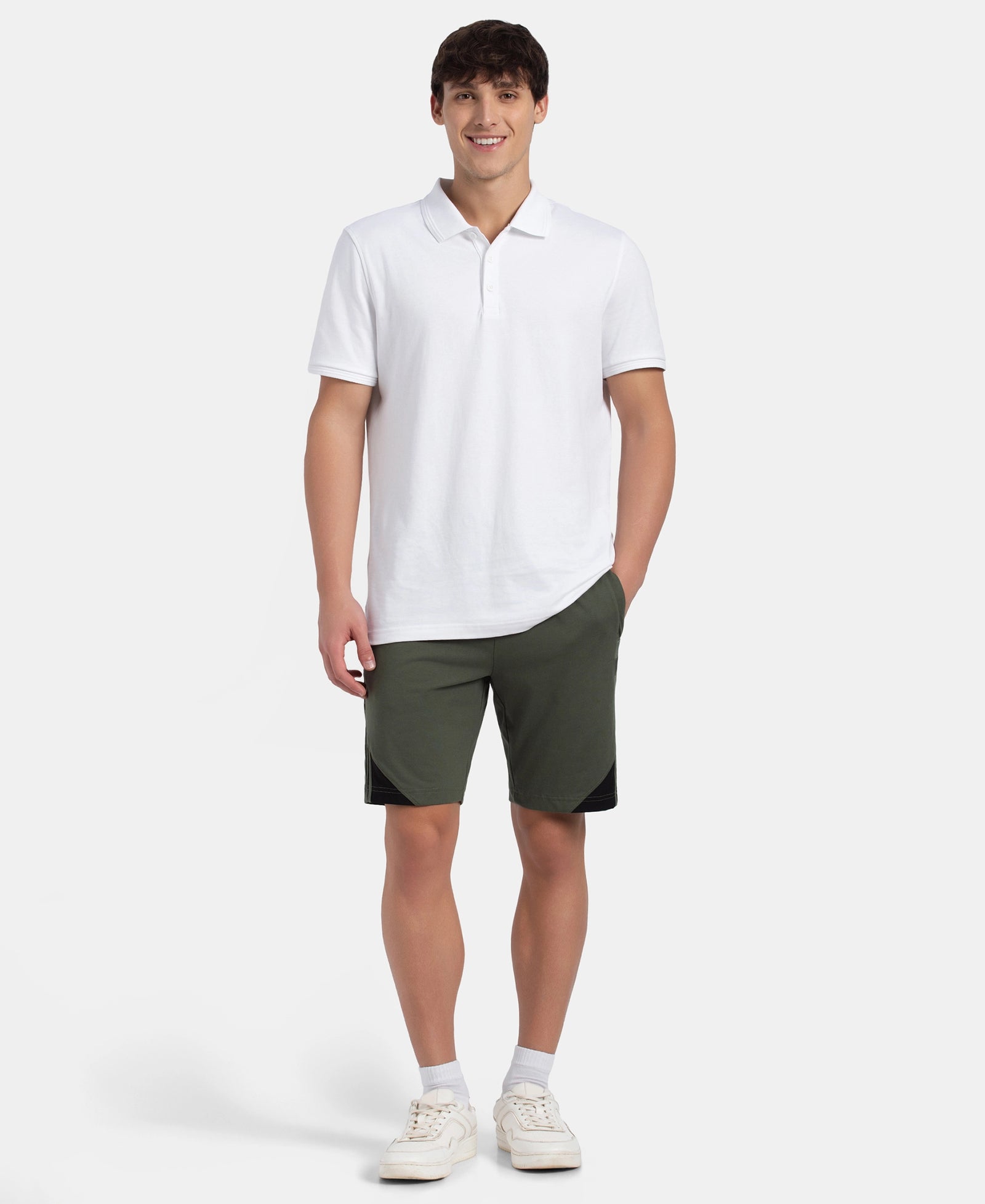 Super Combed Cotton Rich Straight Fit Shorts with Zipper Pockets - Thyme & Black