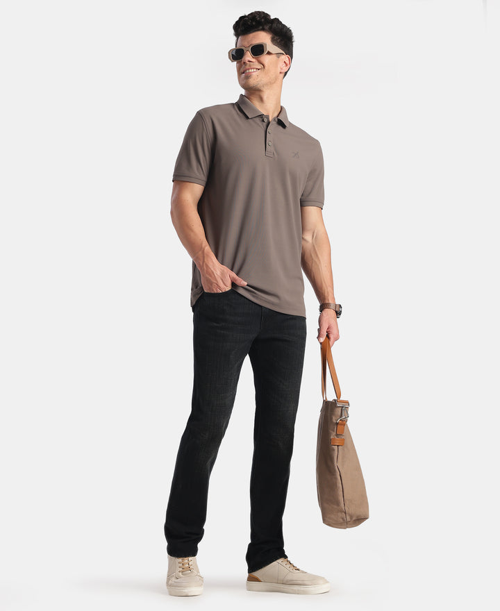 Microfiber Fabric Solid Half Sleeve Polo Tshirt with StayDry & StayFresh Technology - Truffle