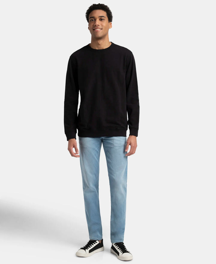 Super Combed Cotton French Terry Solid Sweatshirt with Ribbed Cuffs - Black