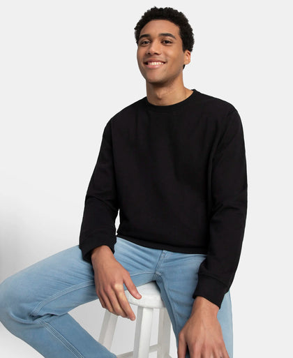 Super Combed Cotton French Terry Solid Sweatshirt with Ribbed Cuffs - Black