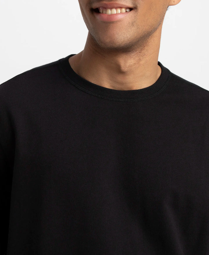 Super Combed Cotton French Terry Solid Sweatshirt with Ribbed Cuffs - Black