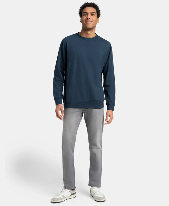 Super Combed Cotton French Terry Solid Sweatshirt with Ribbed Cuffs - Petrol