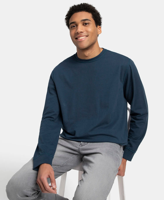 Super Combed Cotton French Terry Solid Sweatshirt with Ribbed Cuffs - Petrol