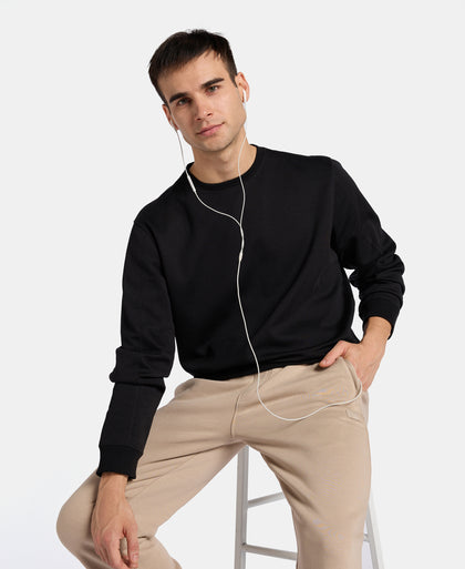 Super Combed Cotton Rich Pique Sweatshirt with Ribbed Cuffs - Black