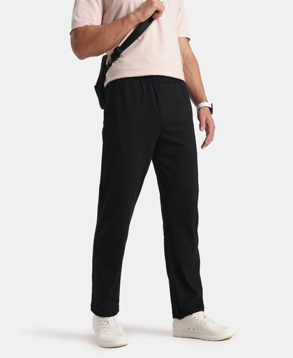 Super Combed Cotton Rich Straight Fit Trackpants with Side and Zipper Media Pockets - Black