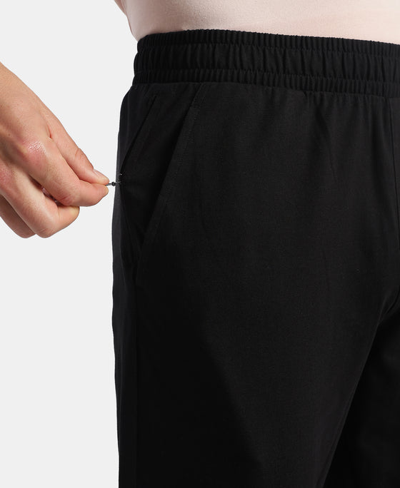 Super Combed Cotton Rich Straight Fit Trackpants with Side and Zipper Media Pockets - Black