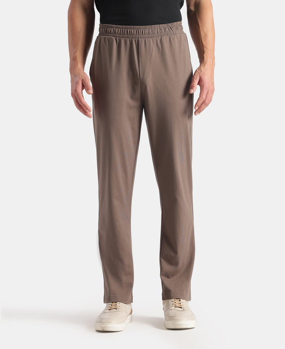 Super Combed Cotton Rich Slim Fit Trackpants with Side and Zipper Media Pockets - Dark Khaki