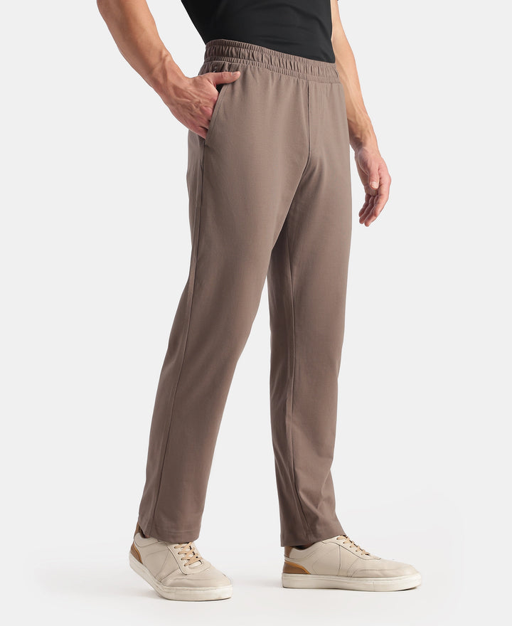 Super Combed Cotton Rich Slim Fit Trackpants with Side and Zipper Media Pockets - Dark Khaki