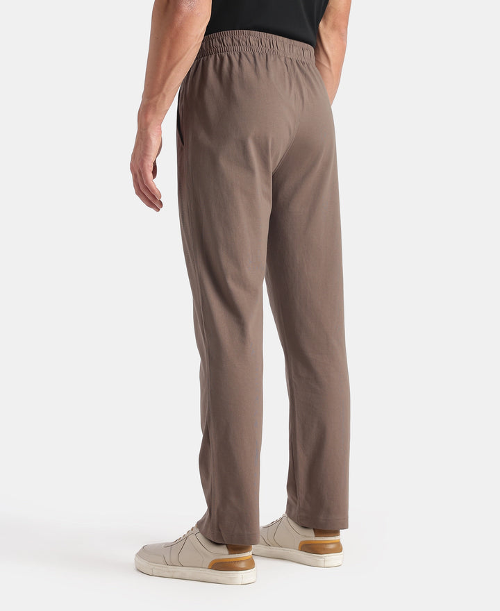 Super Combed Cotton Rich Slim Fit Trackpants with Side and Zipper Media Pockets - Dark Khaki