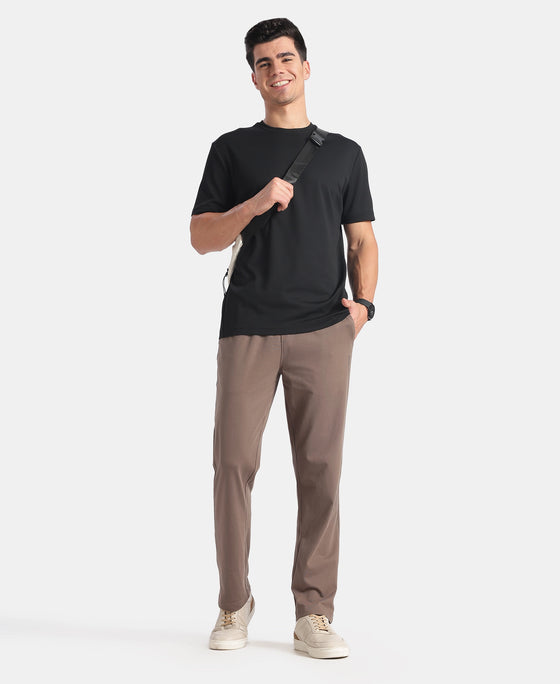 Super Combed Cotton Rich Slim Fit Trackpants with Side and Zipper Media Pockets - Dark Khaki