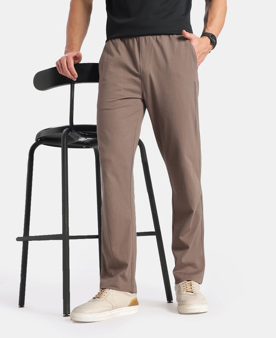 Super Combed Cotton Rich Slim Fit Trackpants with Side and Zipper Media Pockets - Dark Khaki