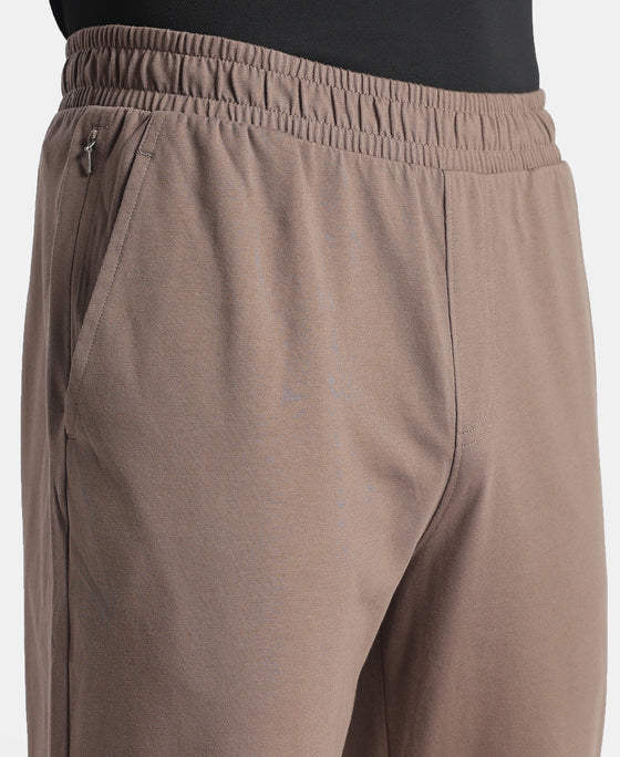 Super Combed Cotton Rich Slim Fit Trackpants with Side and Zipper Media Pockets - Dark Khaki