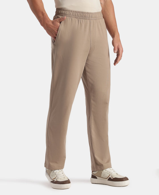 Super Combed Cotton Rich Slim Fit Trackpants with Side and Zipper Media Pockets - Desert Taupe