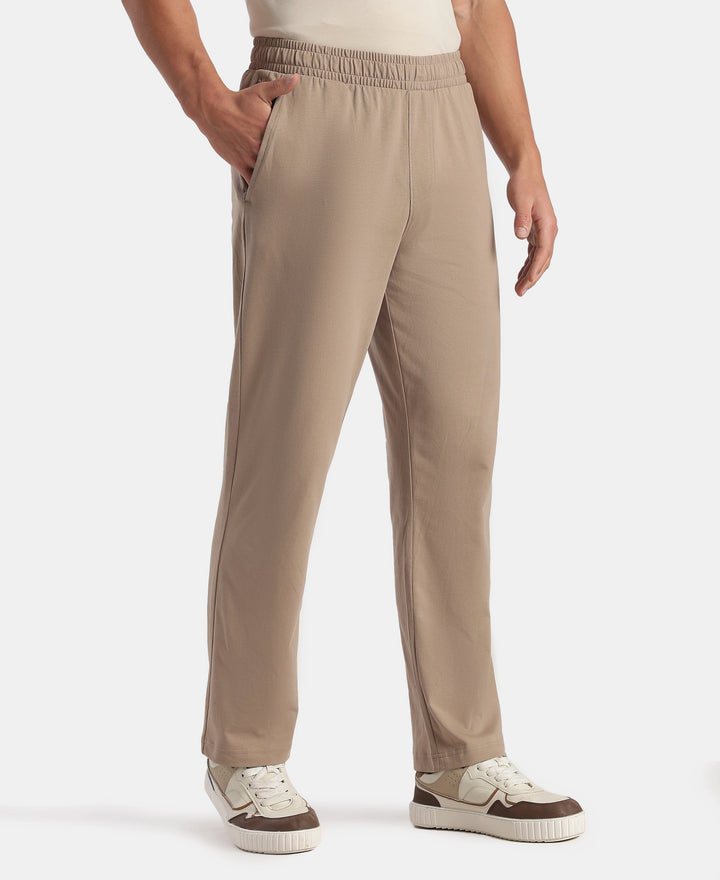 Super Combed Cotton Rich Slim Fit Trackpants with Side and Zipper Media Pockets - Desert Taupe
