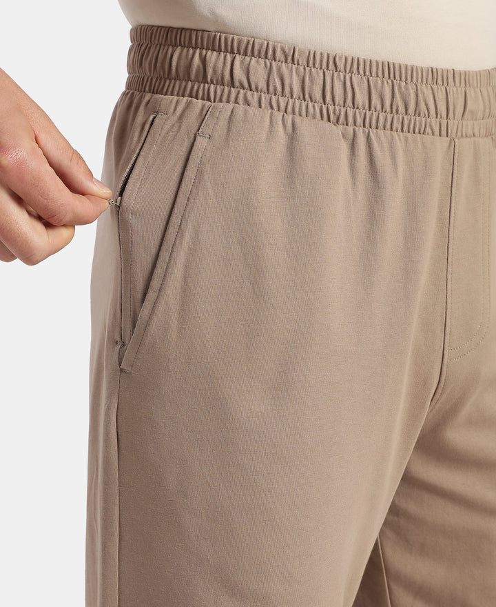Super Combed Cotton Rich Slim Fit Trackpants with Side and Zipper Media Pockets - Desert Taupe