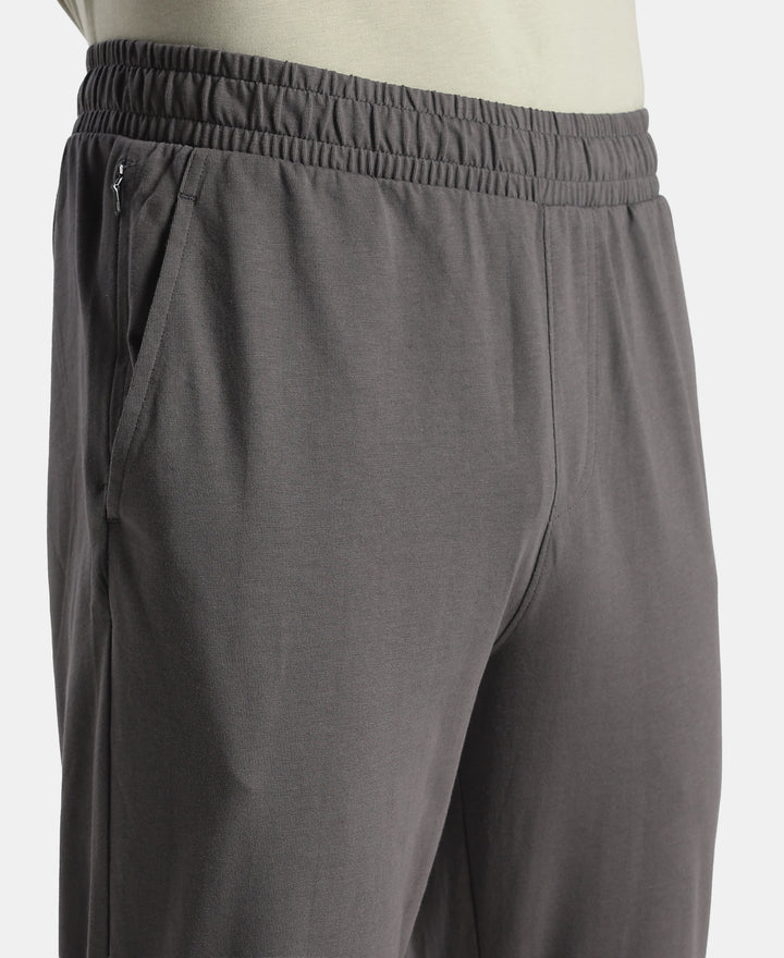 Super Combed Cotton Rich Slim Fit Trackpants with Side and Zipper Media Pockets - Magnet