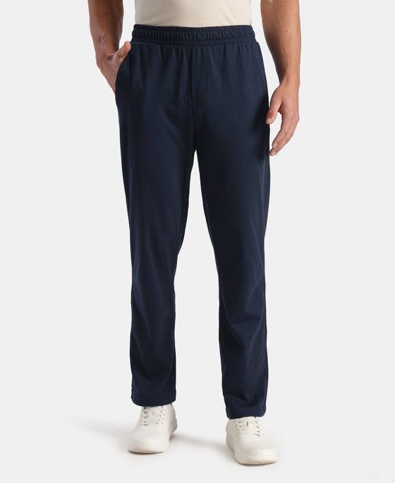 Super Combed Cotton Rich Straight Fit Trackpants with Side and Zipper Media Pockets - Navy