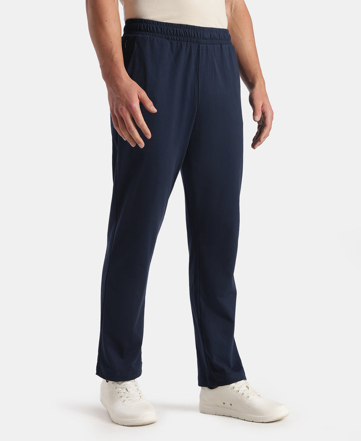 Super Combed Cotton Rich Straight Fit Trackpants with Side and Zipper Media Pockets - Navy