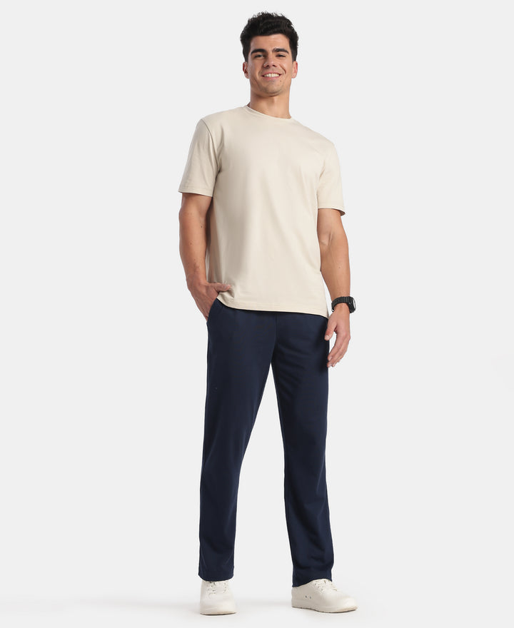 Super Combed Cotton Rich Straight Fit Trackpants with Side and Zipper Media Pockets - Navy