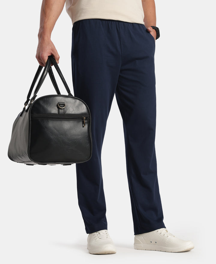 Super Combed Cotton Rich Straight Fit Trackpants with Side and Zipper Media Pockets - Navy