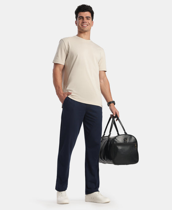 Super Combed Cotton Rich Straight Fit Trackpants with Side and Zipper Media Pockets - Navy