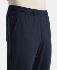 Super Combed Cotton Rich Straight Fit Trackpants with Side and Zipper Media Pockets - Navy