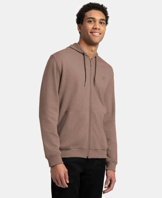 Super Combed Cotton Rich Pique Hoodie Jacket with Ribbed Cuffs - Dark Khaki