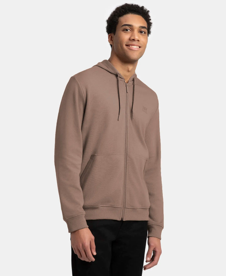 Super Combed Cotton Rich Pique Hoodie Jacket with Ribbed Cuffs - Dark Khaki