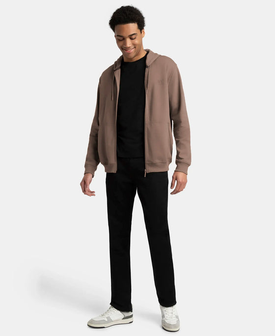 Super Combed Cotton Rich Pique Hoodie Jacket with Ribbed Cuffs - Dark Khaki