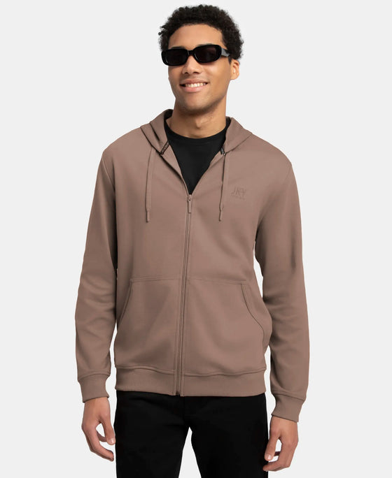 Super Combed Cotton Rich Pique Hoodie Jacket with Ribbed Cuffs - Dark Khaki