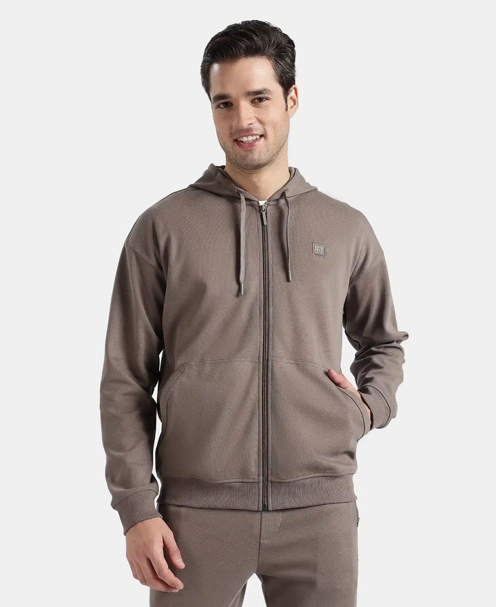 Super Combed Cotton Rich Pique Hoodie Jacket with Ribbed Cuffs - Dark Khaki
