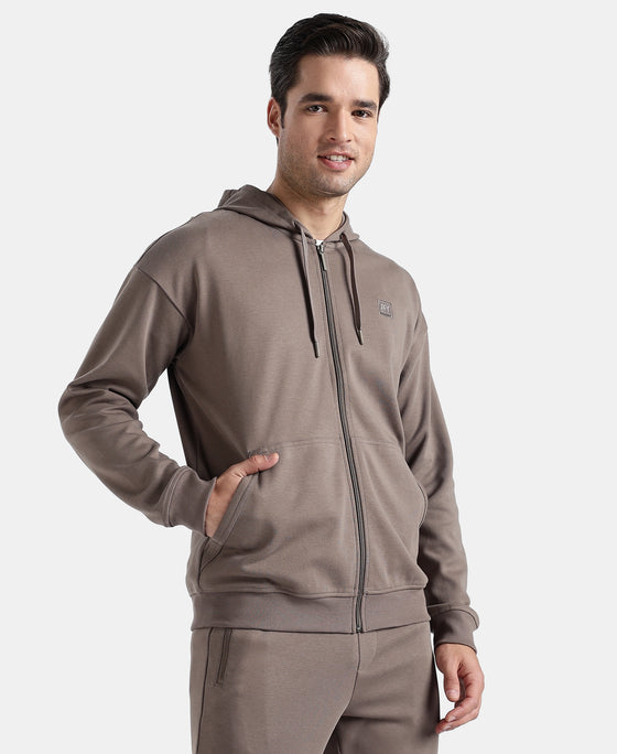 Super Combed Cotton Rich Pique Hoodie Jacket with Ribbed Cuffs - Dark Khaki