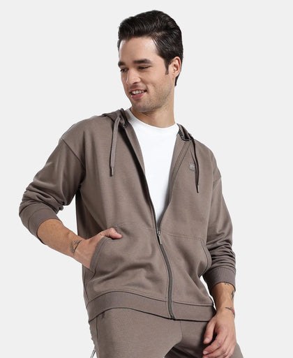 Super Combed Cotton Rich Pique Hoodie Jacket with Ribbed Cuffs - Dark Khaki