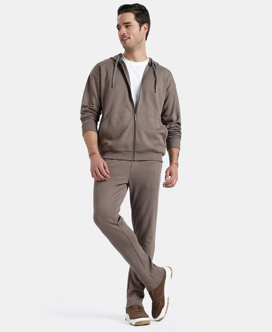 Super Combed Cotton Rich Pique Hoodie Jacket with Ribbed Cuffs - Dark Khaki