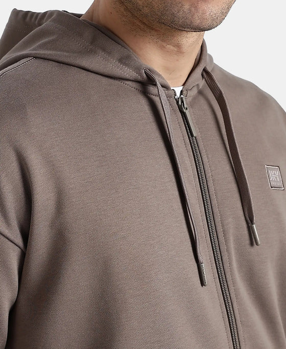 Super Combed Cotton Rich Pique Hoodie Jacket with Ribbed Cuffs - Dark Khaki