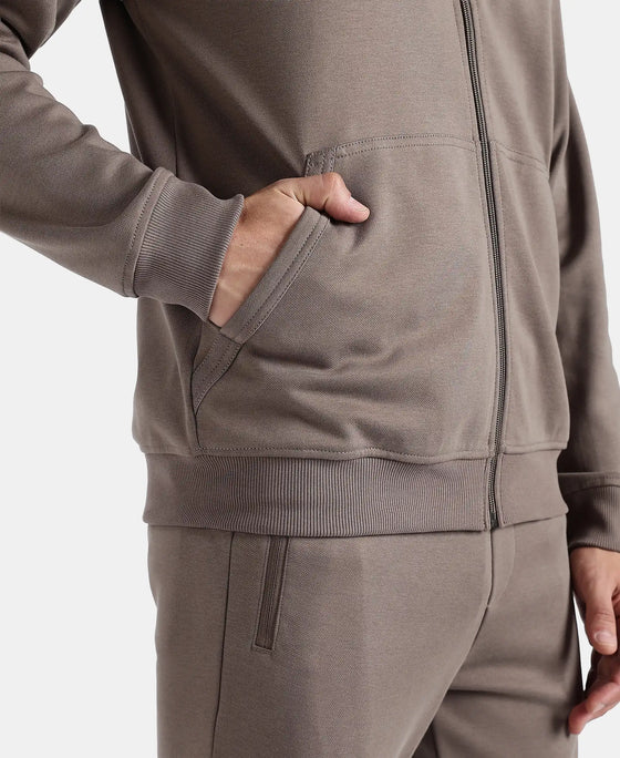 Super Combed Cotton Rich Pique Hoodie Jacket with Ribbed Cuffs - Dark Khaki