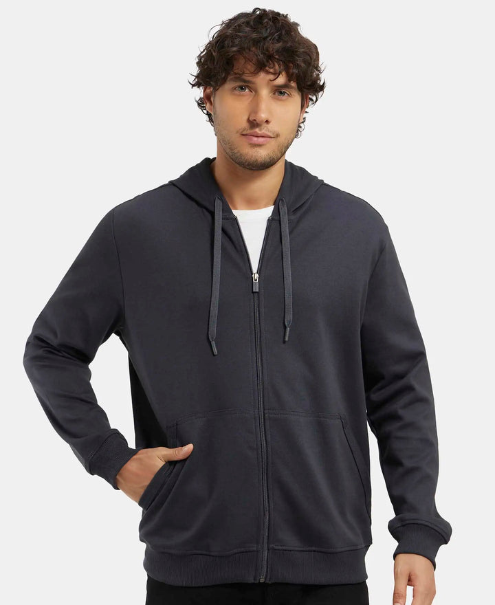 Super Combed Cotton Rich Pique Hoodie Jacket with Ribbed Cuffs - Graphite-5