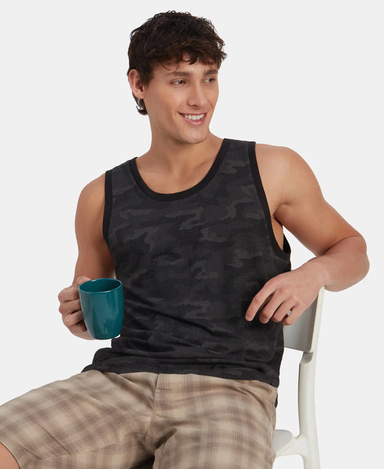 Super Combed Cotton Blend Printed Tank Top - Black