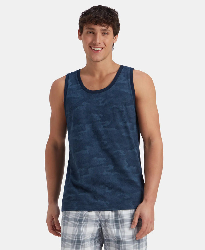 Super Combed Cotton Blend Printed Tank Top - Navy