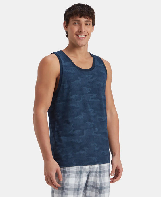 Super Combed Cotton Blend Printed Tank Top - Navy