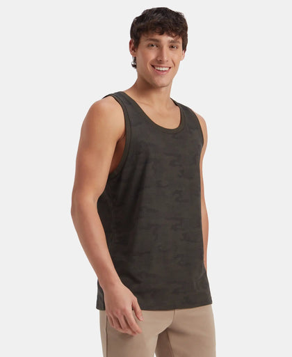 Super Combed Cotton Blend Printed Tank Top - Olive