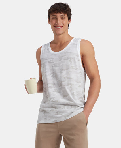 Super Combed Cotton Blend Printed Tank Top - White