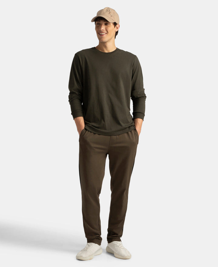 Super Combed Cotton Rich Slim Fit Trackpant with Zipper Media Pocket - Black Olive