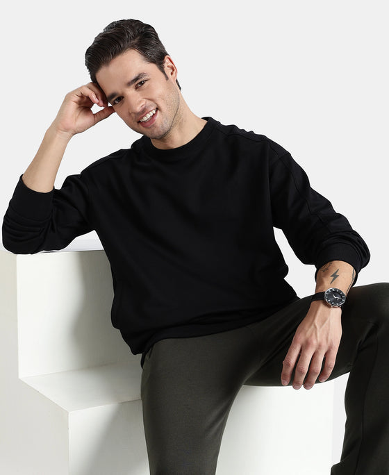 Super Combed Cotton Rich Pique Sweatshirt With Ribbed Cuffs - Black
