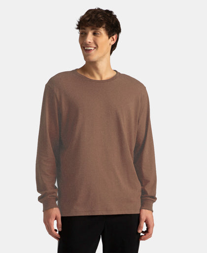 Super Combed Cotton Rich Solid Round Neck Full Sleeve T-Shirt - Brownie Melange
