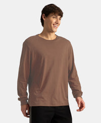 Super Combed Cotton Rich Solid Round Neck Full Sleeve T-Shirt - Brownie Melange