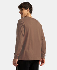 Super Combed Cotton Rich Solid Round Neck Full Sleeve T-Shirt - Brownie Melange