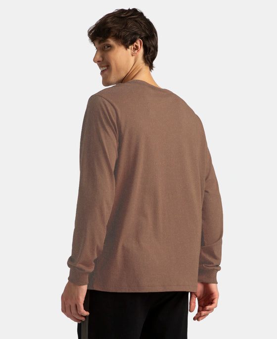 Super Combed Cotton Rich Solid Round Neck Full Sleeve T-Shirt - Brownie Melange